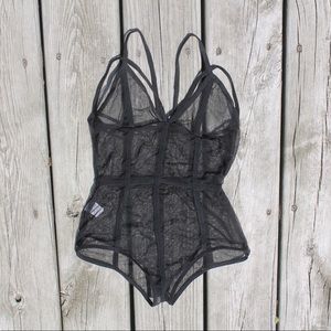 Black Mesh Strappy Bodysuit Extra Small XS Teddy